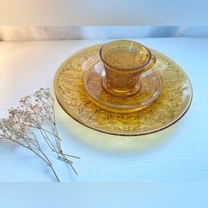 Vintage Amber Tiara Indiana Glass - Cup, Saucer, And Dinner Plate Set